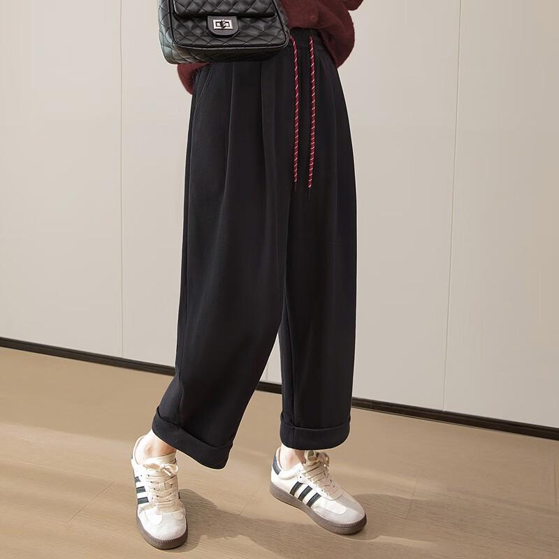 Women's Elastic High-Waist Loose Fit Drawstring Cropped Casual Pants