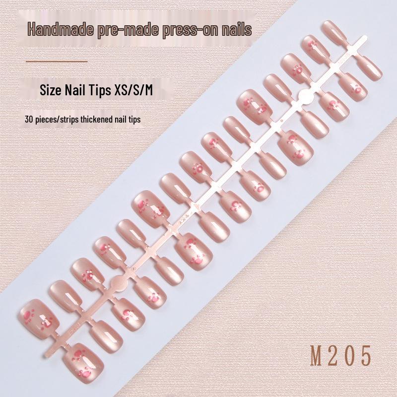 

Handmade Pink Cat Eye Short Press-On Nails with Embossed Cat Paw, Set of 30