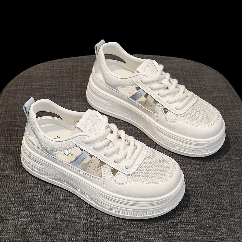 Letnie Siateczkowe Oddychające Białe Sneakersy z Prawdziwej Skóry Damskie Buty na Grubej Podeszwie Buty Sportowe Perforowane Sandały Sportowe