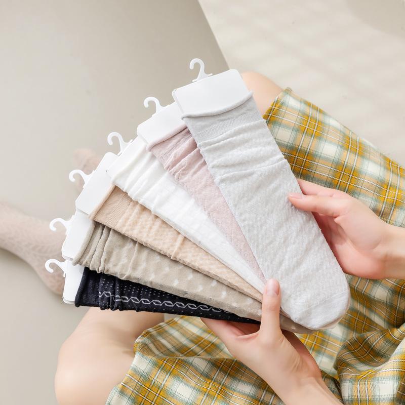 5/10 Pairs Comfortable Casual Spring Summer Solid Color Rolled Hem Pile Socks for Women Cute Mid Calf Socks Mesh Breathable Cotton Socks