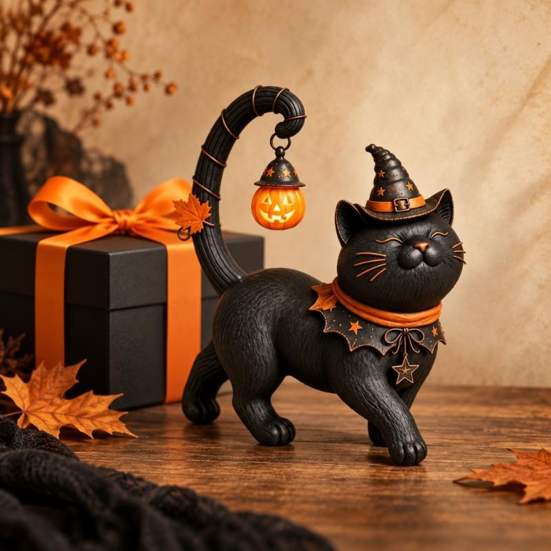 Standing Halloween Cats Decoration, Dark Figure with Pointed Hat and Aged-Look Finish for Entryway, Shelf, Office, or Desk Arrangement