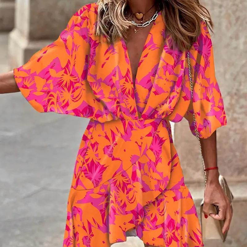 QICED Women's Autumn Bat Sleeve V-Neck Hem Irregular Dresses
