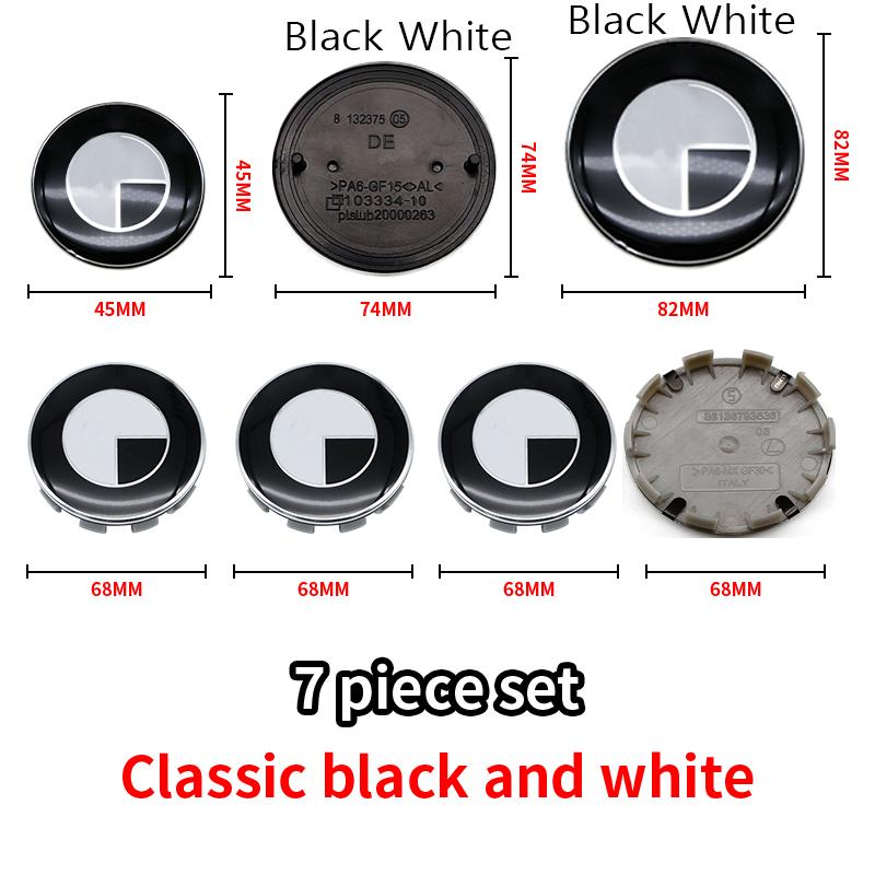 Car Black White BMW Logo Front Hood Emblem 82mm Rear Badge 74mm Wheel Hub Cap 68mm 56mm steering wheel sticker 45mm Accessories