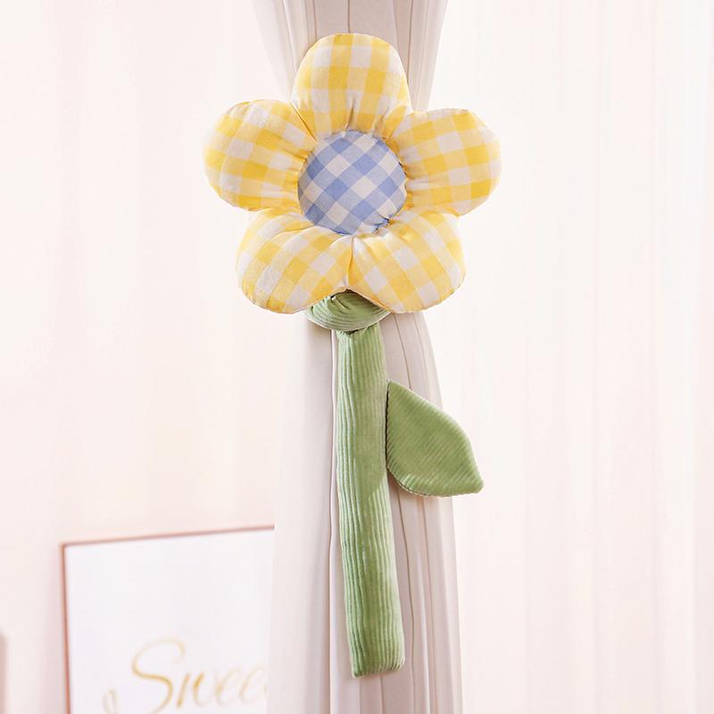 90cm Grid Flower Curtain Buckle Strap Stuffed Plush Curtain Hook Spring Flowers Plush Filled Rope Home Bedroom Decor