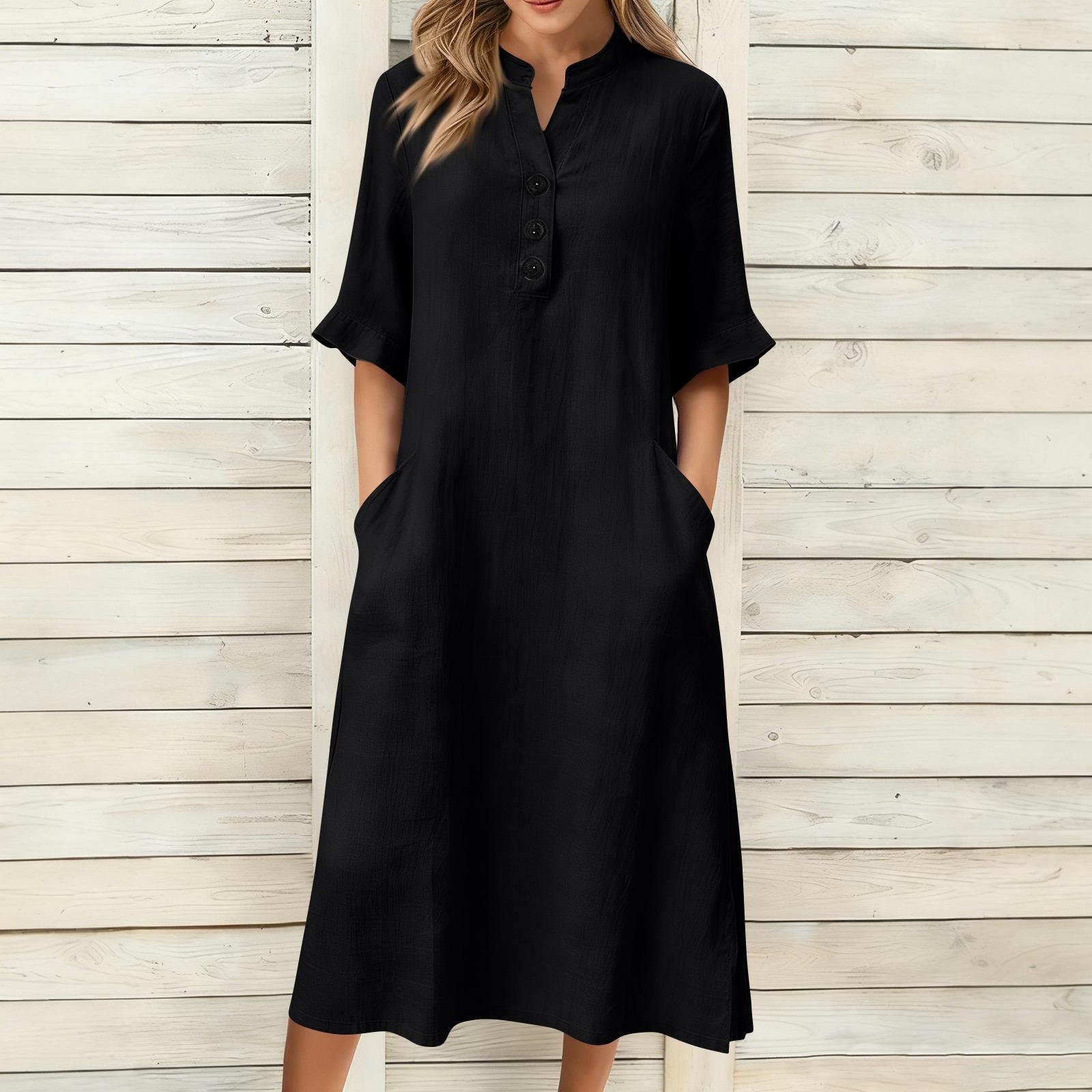 

Women s Fashionable Color Stand Up Collar Button Short Sleeved Loose Dress XL чорний