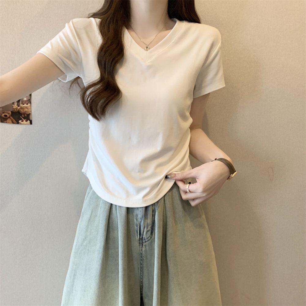 Korean Style Slimming Summer V-Neck Ruched Waist Short Sleeve T-Shirt for Women