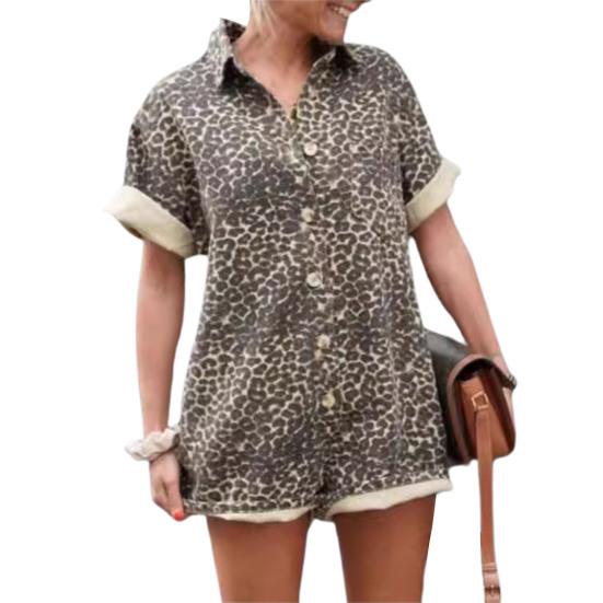 

Женский комбинезон с леопардовым принтом, короткими рукавами, отложным воротником и короткими рукавами, однобортный, свободный, короткий комбинезон в стиле отпуска S