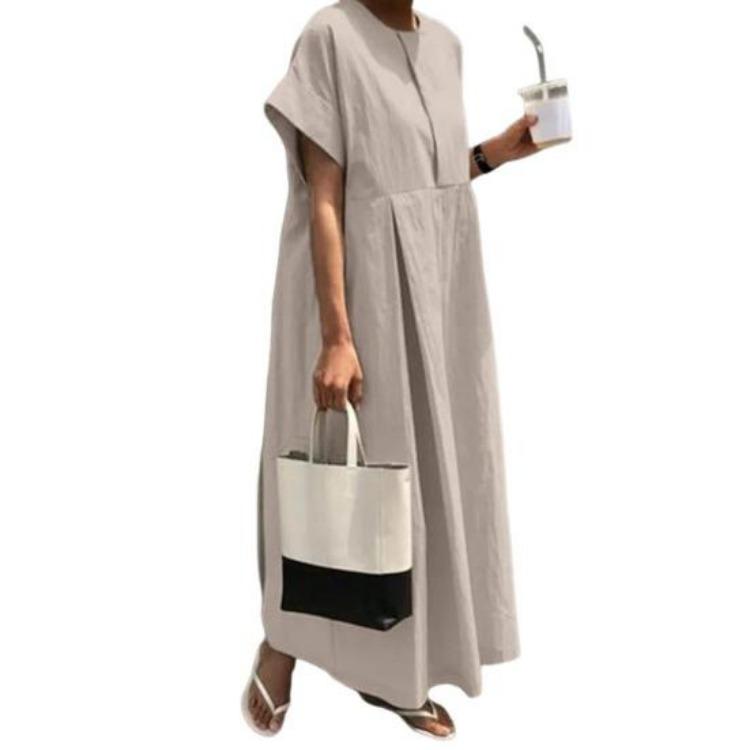 

Pure Color Plus Size Maxi Dress Loose Pleated Summer O Neck Short Sleeves OL Commute Daily Wear Women Dress M светло-серый