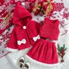 Girls Suit Red Coral Fleece Hooded Jacket Vest Top Short Skirt Plush Autumn and Winter Three-piece Suit