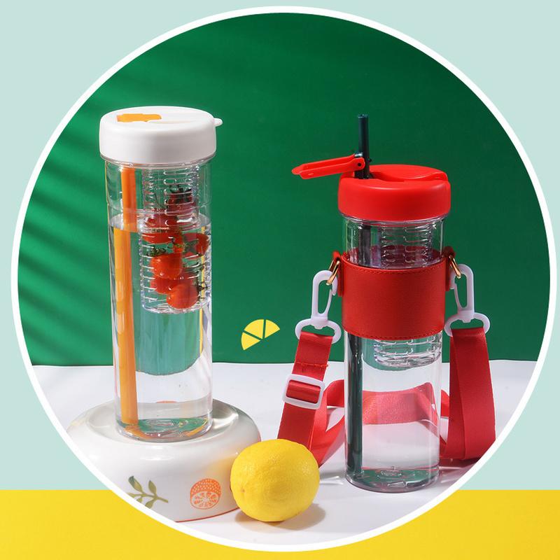 800ml Large Capacity Water Bottles with Strap Dry Wet Separation Fruit Lemon Filter Plastic Drinking Bottle with Straw Outdoor Sports Water Cup
