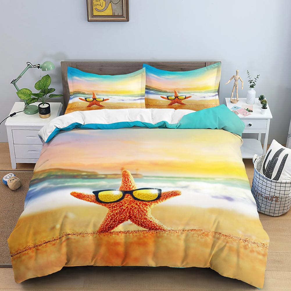 Blue Ocean King Queen Duvet Cover Cartoon Starfish Shell Bedding Set For Kid Teens Adults Sea Beach 2/3pcs Polyester Quilt Cover