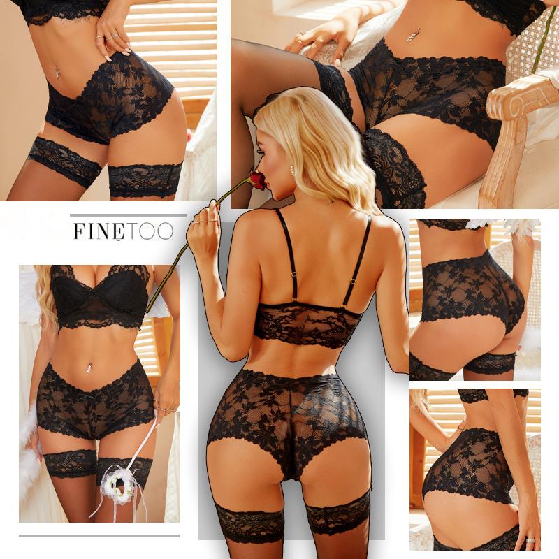 FINETOO 3Pcs Women's Sexy Lace Floral Perspective Boyshorts Solid Color Hollow Out Boxer Panties Female Breathable Transparent Lingerie