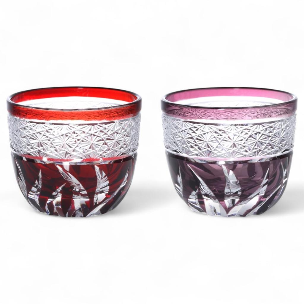 Mizukage Kiriko Pair of Glasses for Cold Diameter 60mm x Height Red Bishou J-kitchens Sake, 50mm, 70cc, Obi-shibori Pattern, & Purple, (Current Model)
