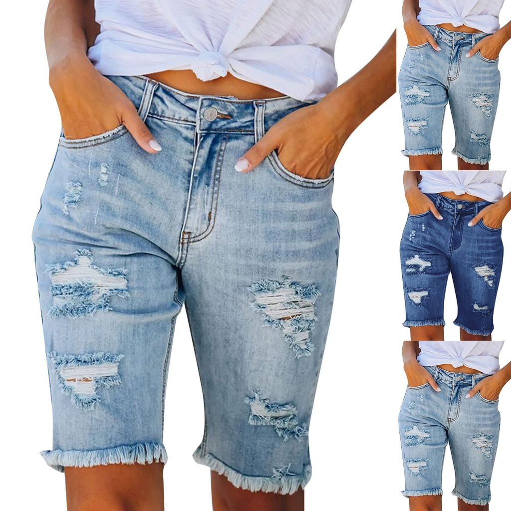 Dámské džínové kraťasy s vysokým pasem, letní roztrhané kraťasy, ležérní sexy krátké kalhoty s kapsami