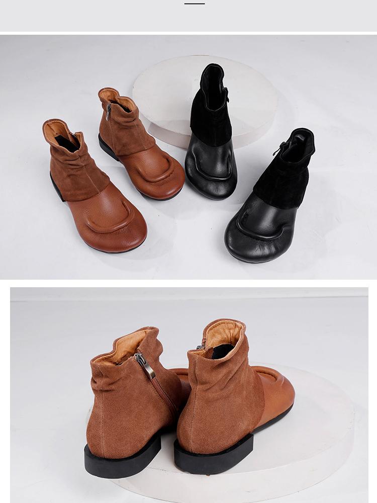 Johnature Botas de otoño/invierno, botas cortas de piel auténtica, zapatos retro de suela blanda y cómodos para mujer