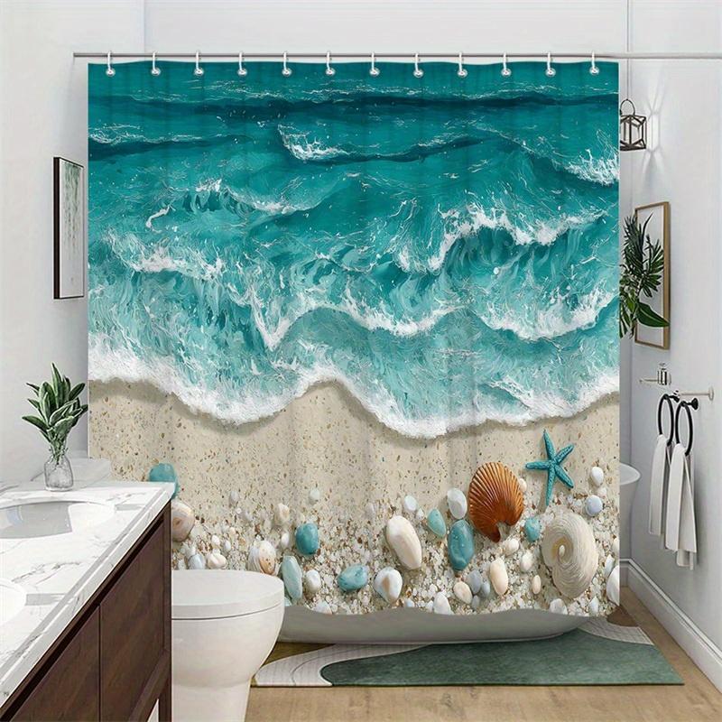 1pc Seaside Shell and Starfish Shower Curtain - Realistic ocean waves, sand and turquoise blue gradient design, polyester fabric