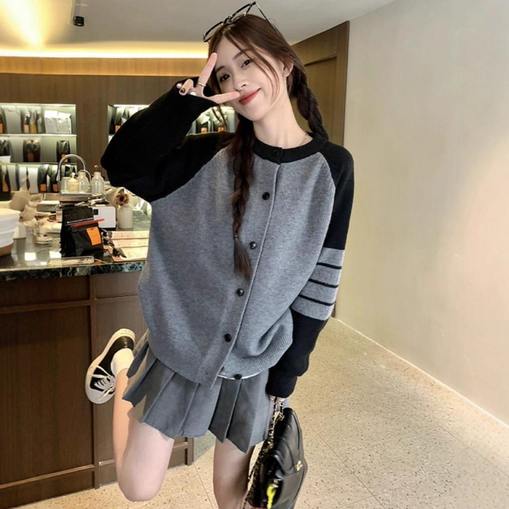 College style long-sleeved contrasting color splicing knitted sweater women's clothing autumn loose age-reducing cardigan versatile jacket