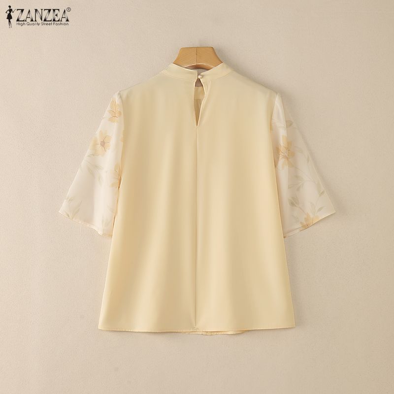 ZANZEA Women Casual Round Neck Splice Half Sleeve Summer Blouse