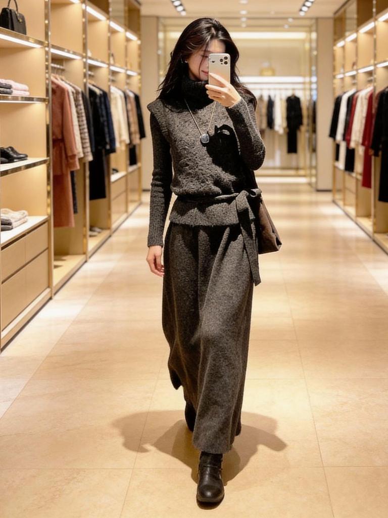 Korean Style Winter Knit Skirt Set: High Neck Fluffy Sweater, Cable Knit Vest, and Skirt Trio