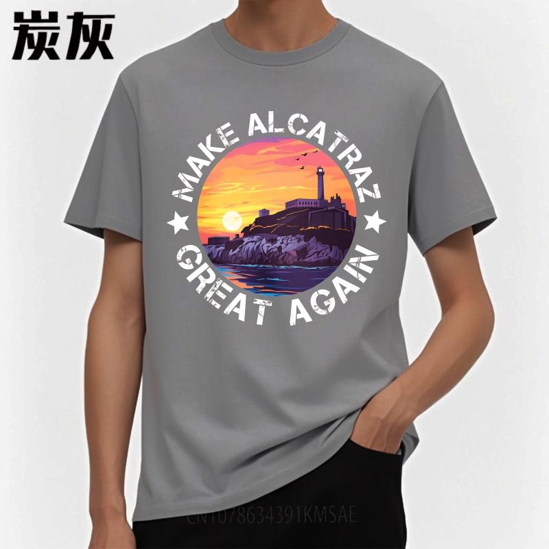 Casual Summer Women T Shirt Make Alcatraz Great Again Sunset Island Scene Short Sleeve Printed Crew Neck Tops Teeshirt For Man