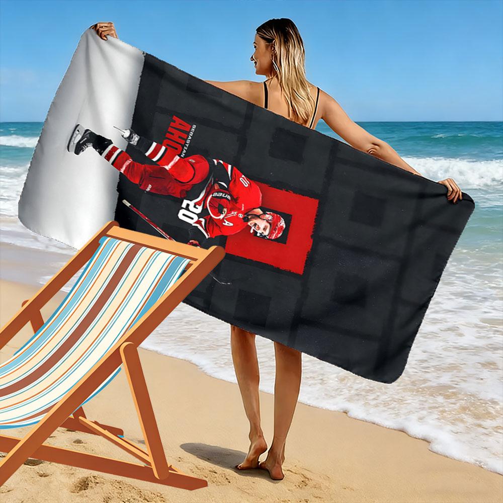 "Hockey Player in Red Jersey Action" Patterned beach towel quick dry perfect for travel outdoor sports jogging the beach and swimming