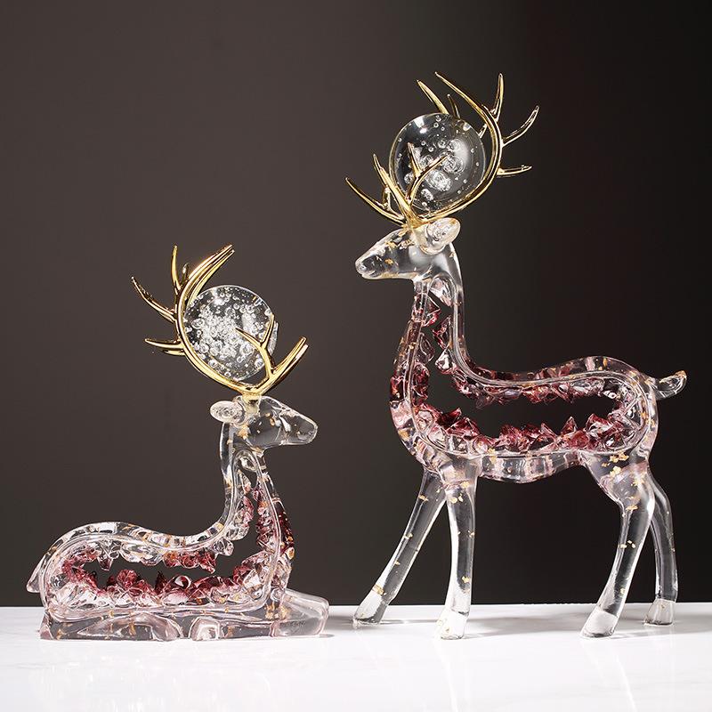 Premium Hollow Elk Ornaments A Pair Best of Transparent Resin Gold Foil Craft Living Room Wine Cabinet Entrance TV Cabinet Decoration
