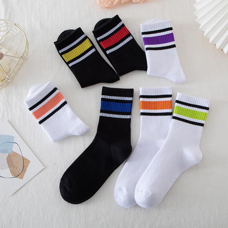 New Fashion Color Block Striped Mid-calf Sports Socks Men Women Breathable Cotton Socks Outdoor Running Basketball Cycling Socks