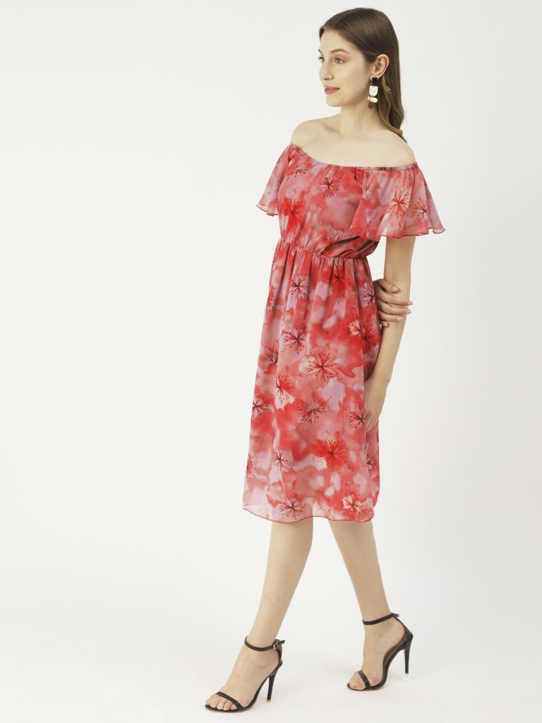 Moomaya Printed Off-Shoulder Poly Georgette Midi Dress Cinched Long Dress