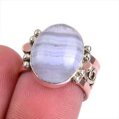 Natural Blue Lace Agate Gemstone Two Tone 925 Sterling Silver Ring Size 5.5 A5D86