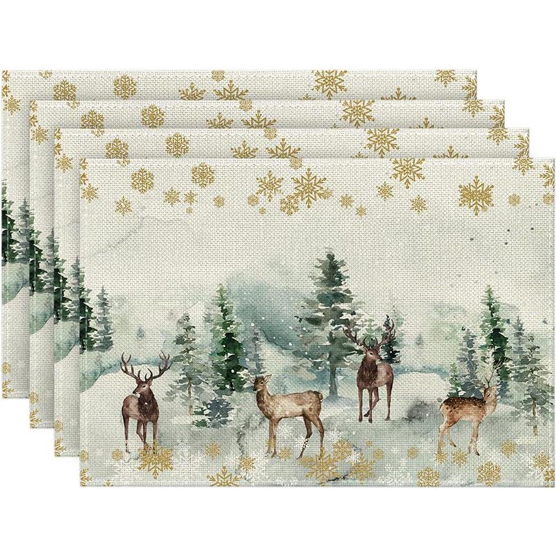 4Pcs Christmas Tree Elk Placemat Linen Dining Table Mats Coaster Bowl Coffee Cup Pad Mat 2025 Navidad Home Kitchen Decoration
