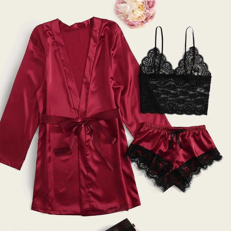 

Pajamasthree-piecesuitnightgown Pajamas Three-Piece Set Sexy Suspenders Thin Silk Burgundy(Fabric is hard) L
