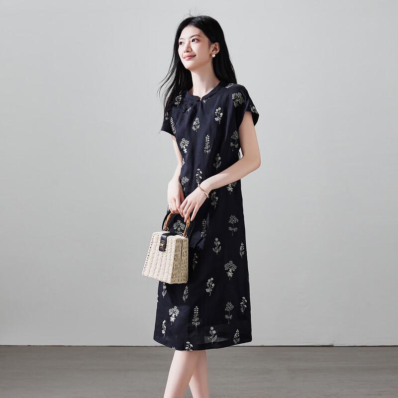 Sofsil 2026 Summer Retro Embroidered Ramie Dress M