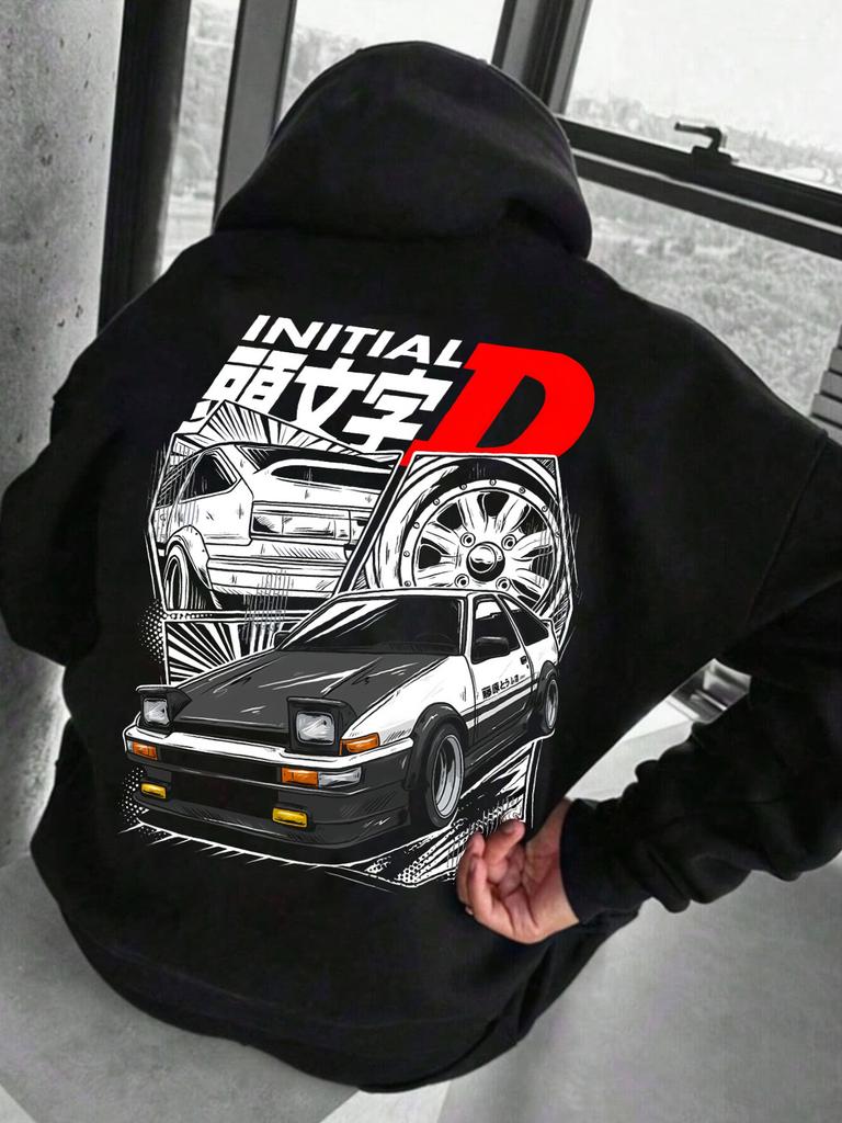 Drift‑auto Men Hoodie Front Plain Chest Area, Back Retro JDM Racing Car With Bold Letter Graphic Pullover For Trendy Daily Street Outfits