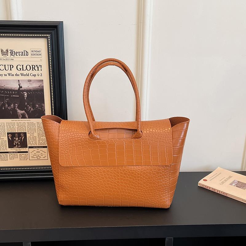 Crocodile Pattern Handbag, Women's Large-capacity Retro Fashion Commuter Tote Bag, High-end Simple and Versatile Shoulder Bag