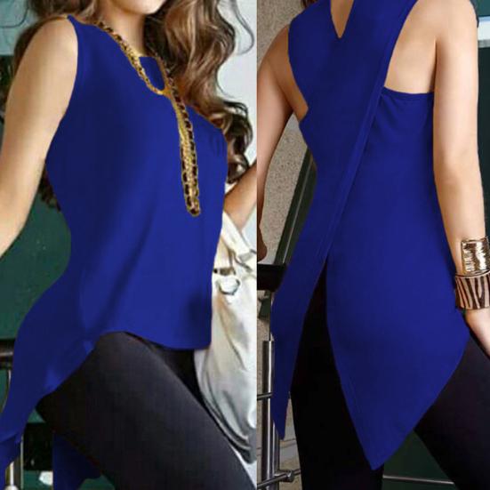 Sexy Lady Solid Color Sleeveless Round Neck Back Slit Irregular Hem Vest Tank Top