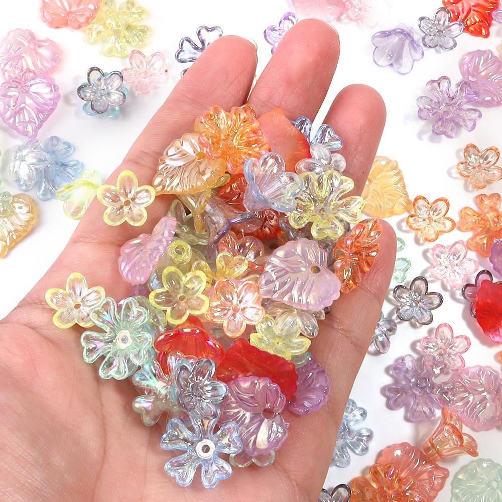 100pcs/lot Colorful Acrylic Beads Flower Leaf Beads Caps Loose Spacer Beads For Jewelry Making DIY Bracelet Necklace Accessorie