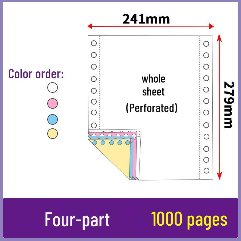 Three-part, two-fold pin-feed paper; two-part, three-fold accounting voucher paper; three-part, four-part printer form.