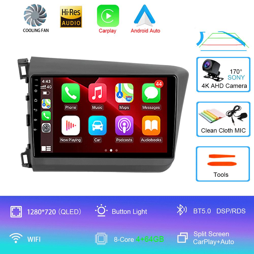 Car Radio Carplay Auto WIFI+4G For Honda Civic 2012 2013 2014 2015 Android 14 Multimedia Player Stereo GPS Head Unit No DVD 2Din