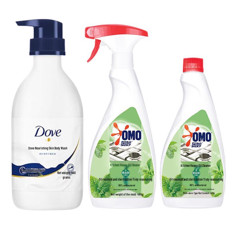 Набор: Гель для душа Dove 460 г и Средство для чистки кухни Omo 2x480 г