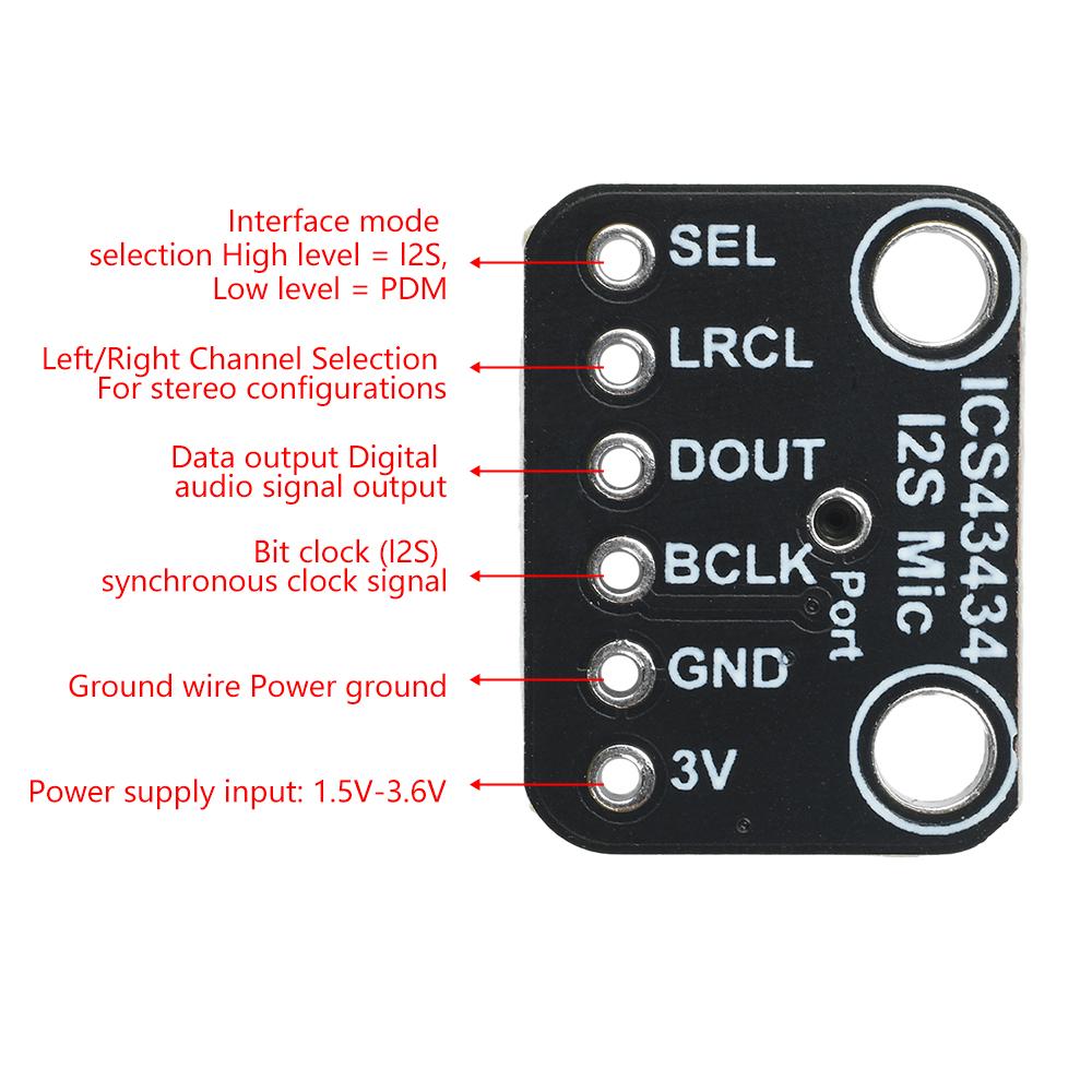 ICS-43434 I2S MEMS Microphone Module With Pins DC 1.5V-3.6V Low-Pass Filter Module High Signal-to-noise Ratio 65dBA SNR