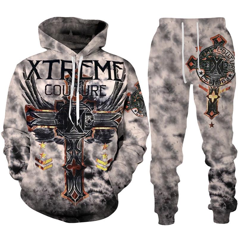 Felpa con cappuccio/tuta con stampa 3D con tatuaggio teschio gotico, moda uomo, motociclista, abbigliamento sportivo, felpa con grafica accattivante + pantaloni