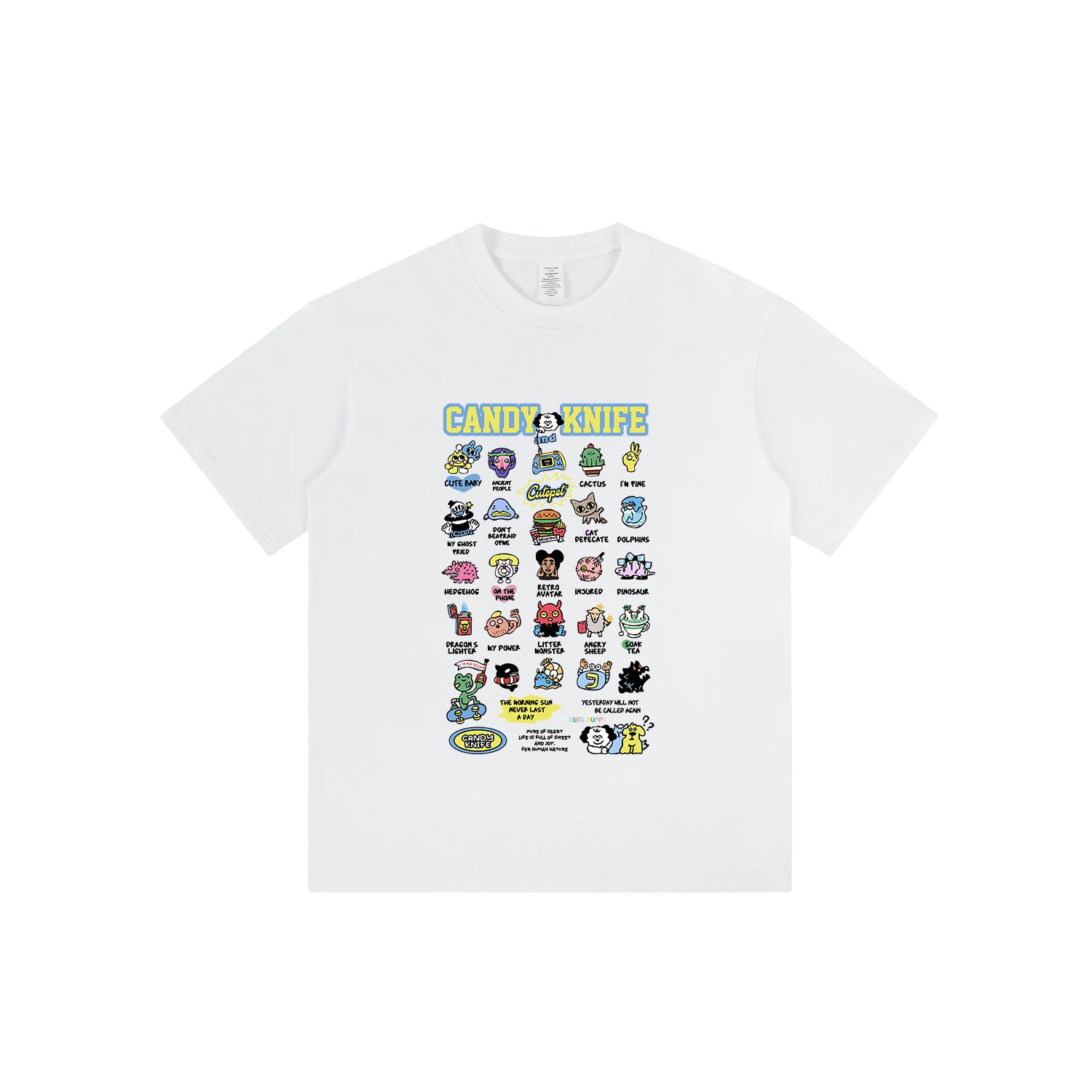 

230g Pure Cotton Unisex Cartoon Print Loose Fit T-Shirt with Small Neckline 2XL