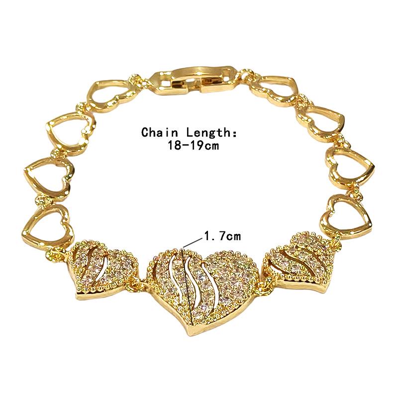Gold Heart Zirconia Bracelet: European-American Fashion, Korean Style, Light Luxury High-End Feel.