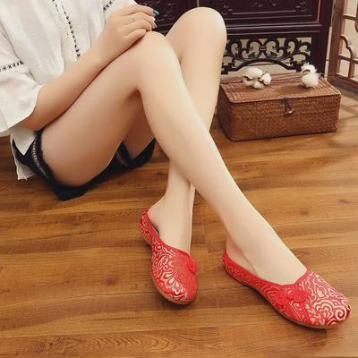 Upgraded Gold Thread Buckle Slippers: Thickened Sole, Embroidered Cloth, Ethnic Design, Ideal for Square Dance or Wedding.