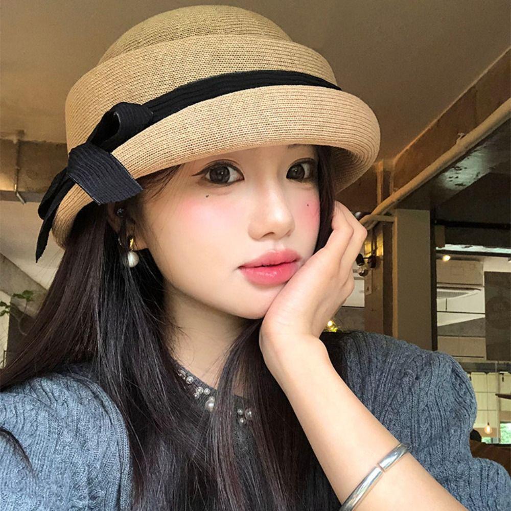 Bowknot Hepburn Style Formal Hat Knitted Fisherman Hat Fashion Bow Topper Hat Streetwear