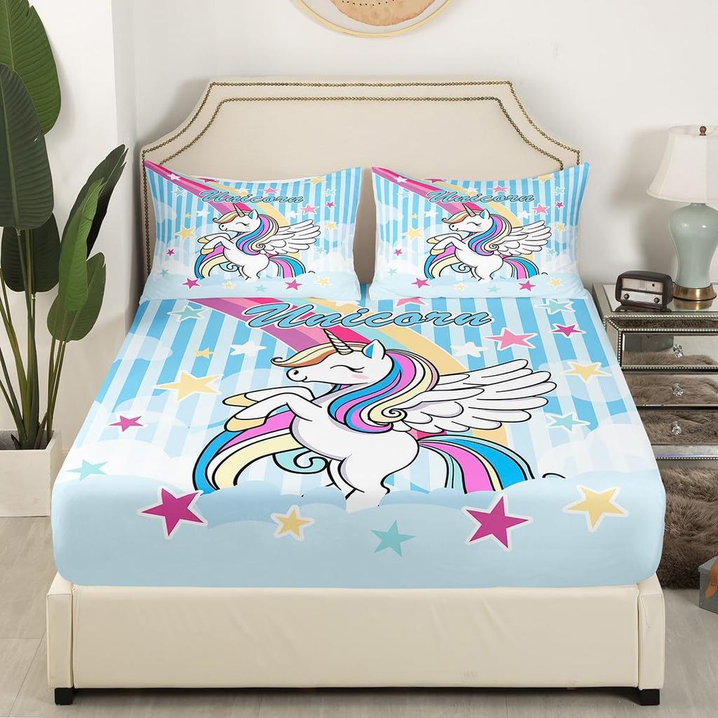Cartoon Unicorn Pattern Mattress Three-Piece Digital Printing Mattress Bedding Set Adult Children