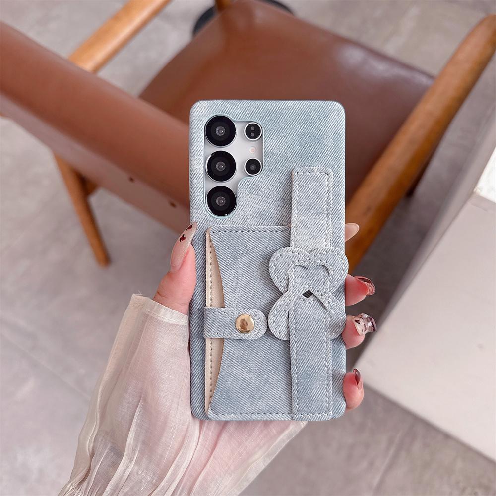 Chic Vintage Heart Bow Wrist Strap Jeans Texture Phone Case for SamSung Galaxy S26 Ultra S25 S24 S23 Card Holder Protect Cover