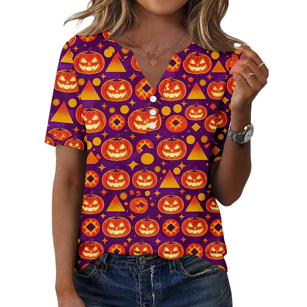 Women's Halloween Print V Neck Short Sleeve Button Front T Shirt Casual Fashion Top for Everyday Wear and Seasonal Events