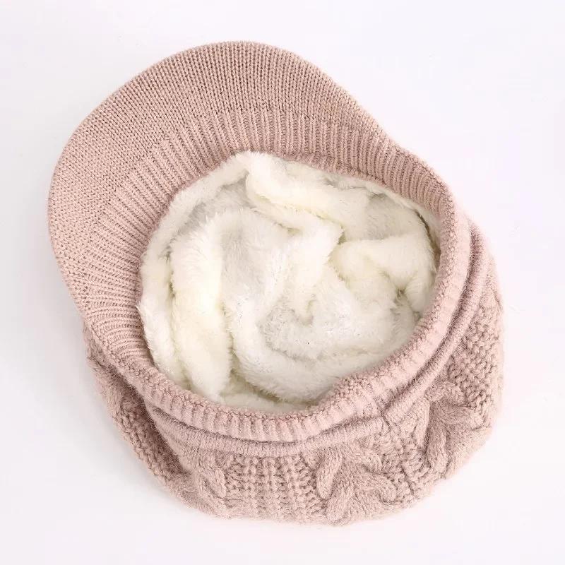 High Quality Wool Women Winter Warm Slouchy Cable Knit Beanie Skull Beret Hat With Visor Outdoor Thicken Lady Bonnet Gorros