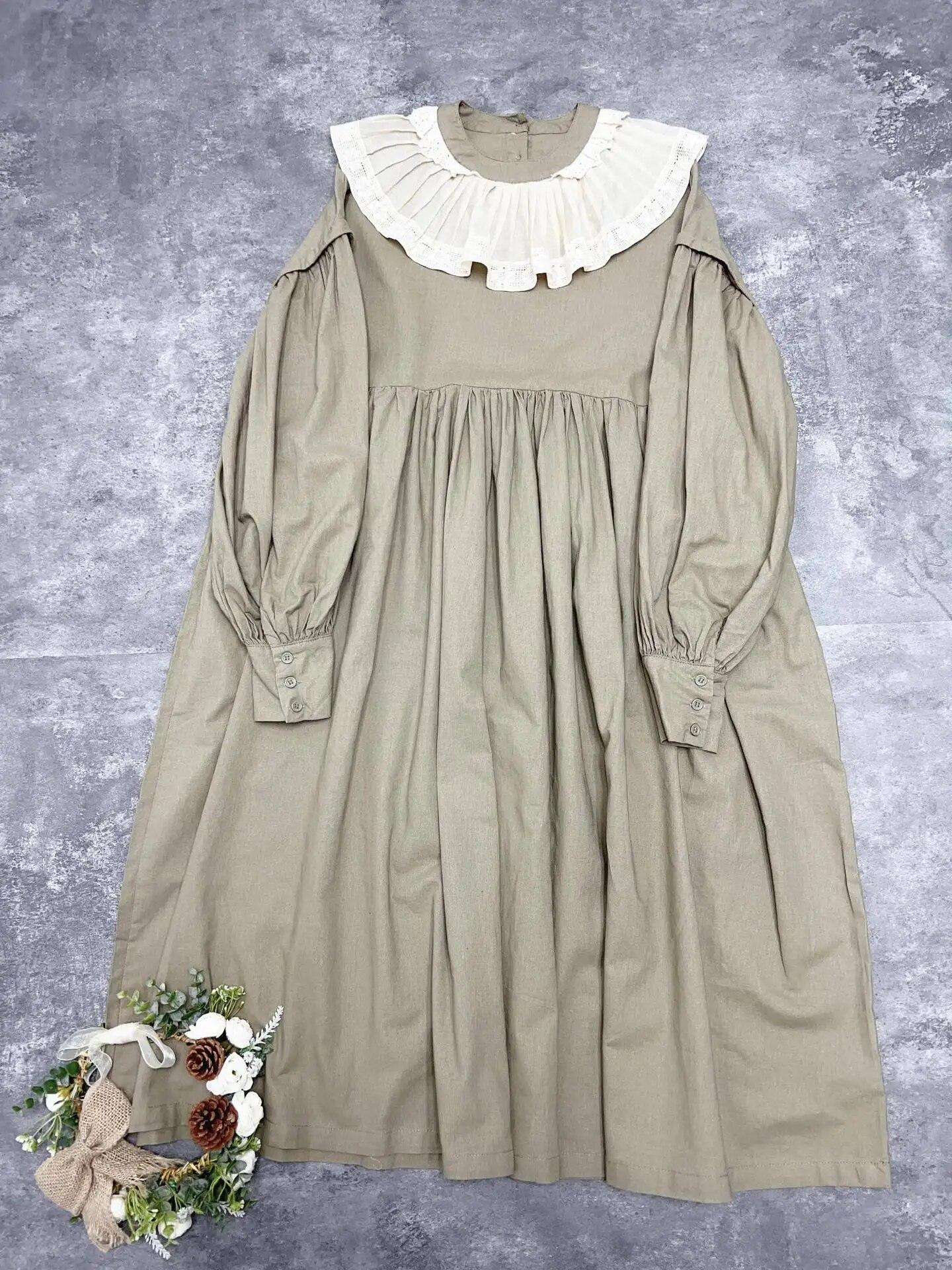 

Johnature японское мори женское хлопковое платье с рюшами и воротником винтажное повседневное свободное платье с длинными рукавами и простыми карманами весеннее платье One Size хаки